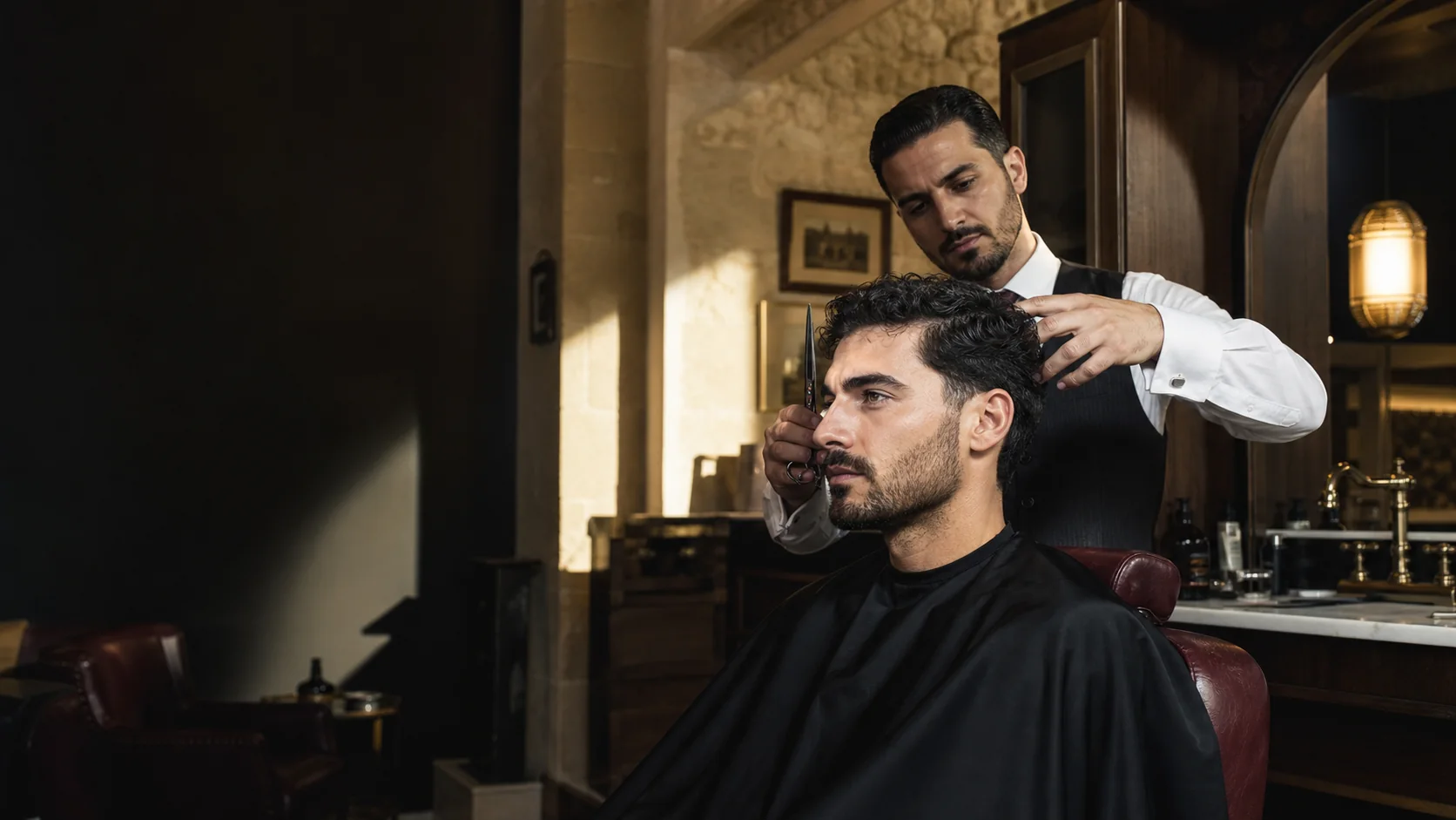 A professional barber finishing a precision cut in a limestone Valletta barbershop